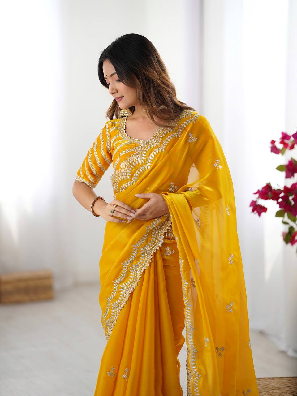 Womenline Yellow Color party Wear Saree