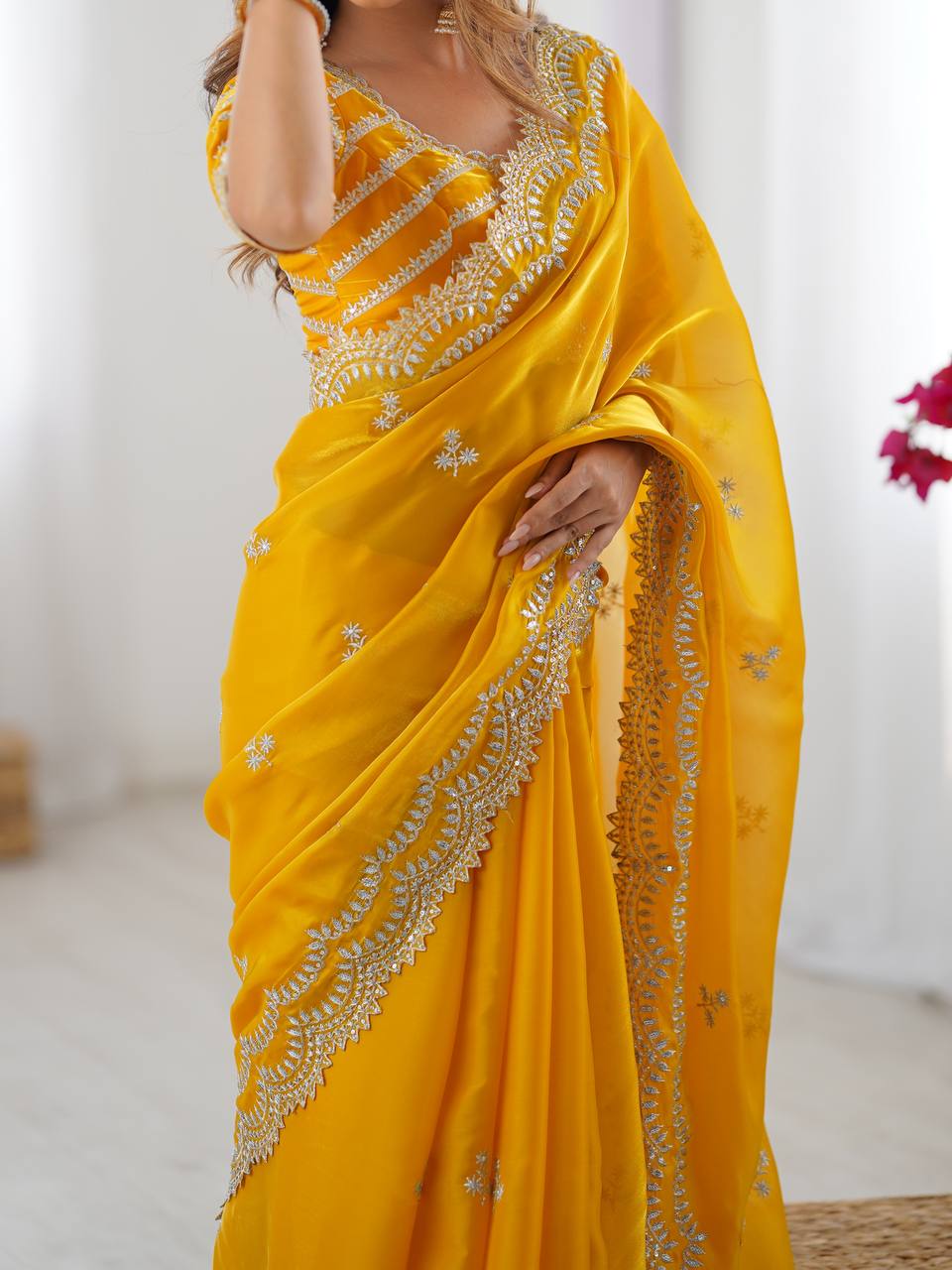 Womenline Yellow Color party Wear Saree