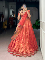 Womenline Pleated Rust-Orange Silk Lehenga with Paithani-Inspired Border