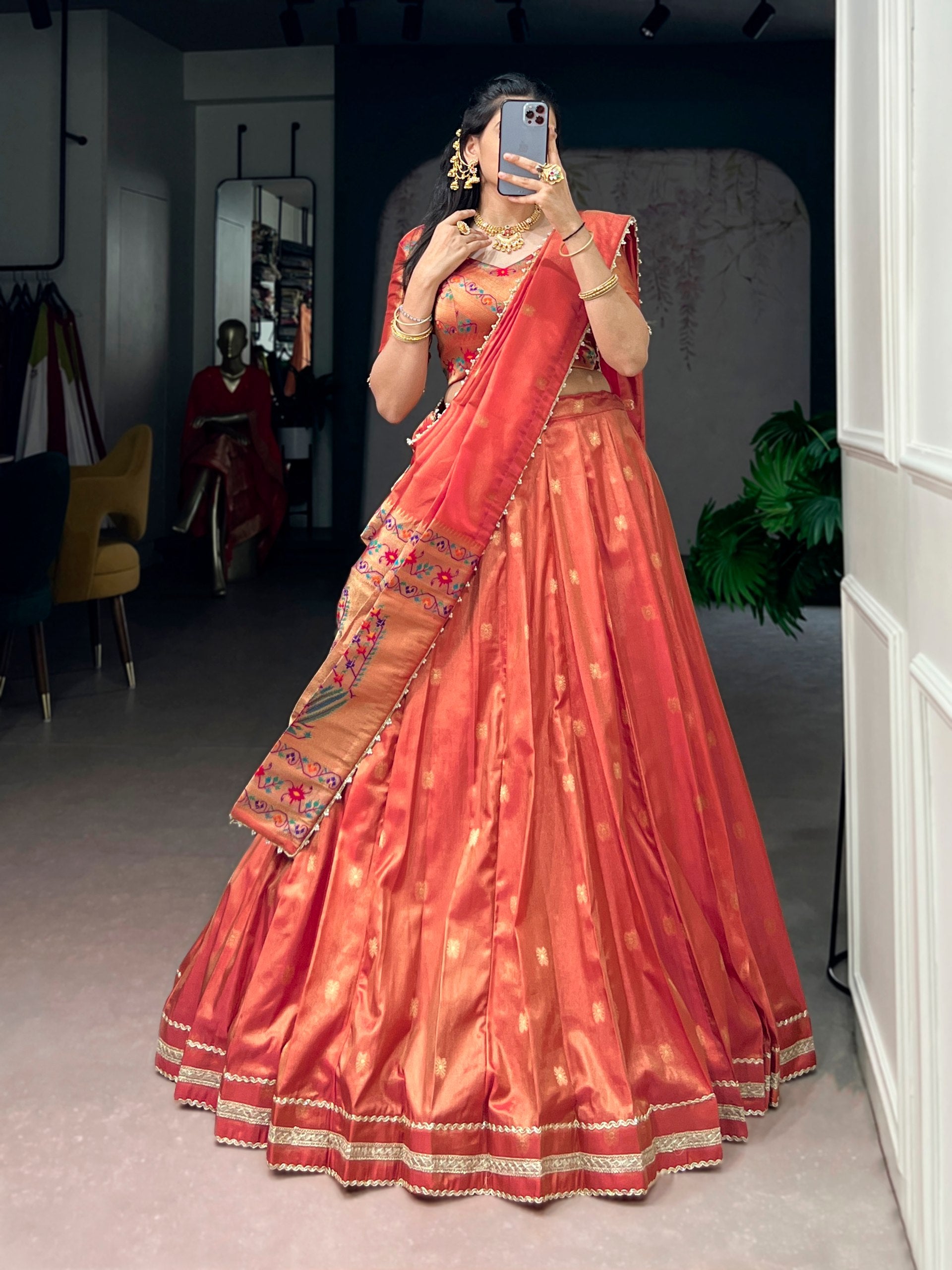 Womenline Pleated Rust-Orange Silk Lehenga with Paithani-Inspired Border