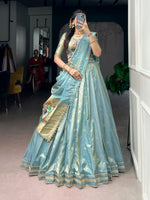 Womenline Pleated Powder Blue Silk Lehenga with Paithani-Inspired Border