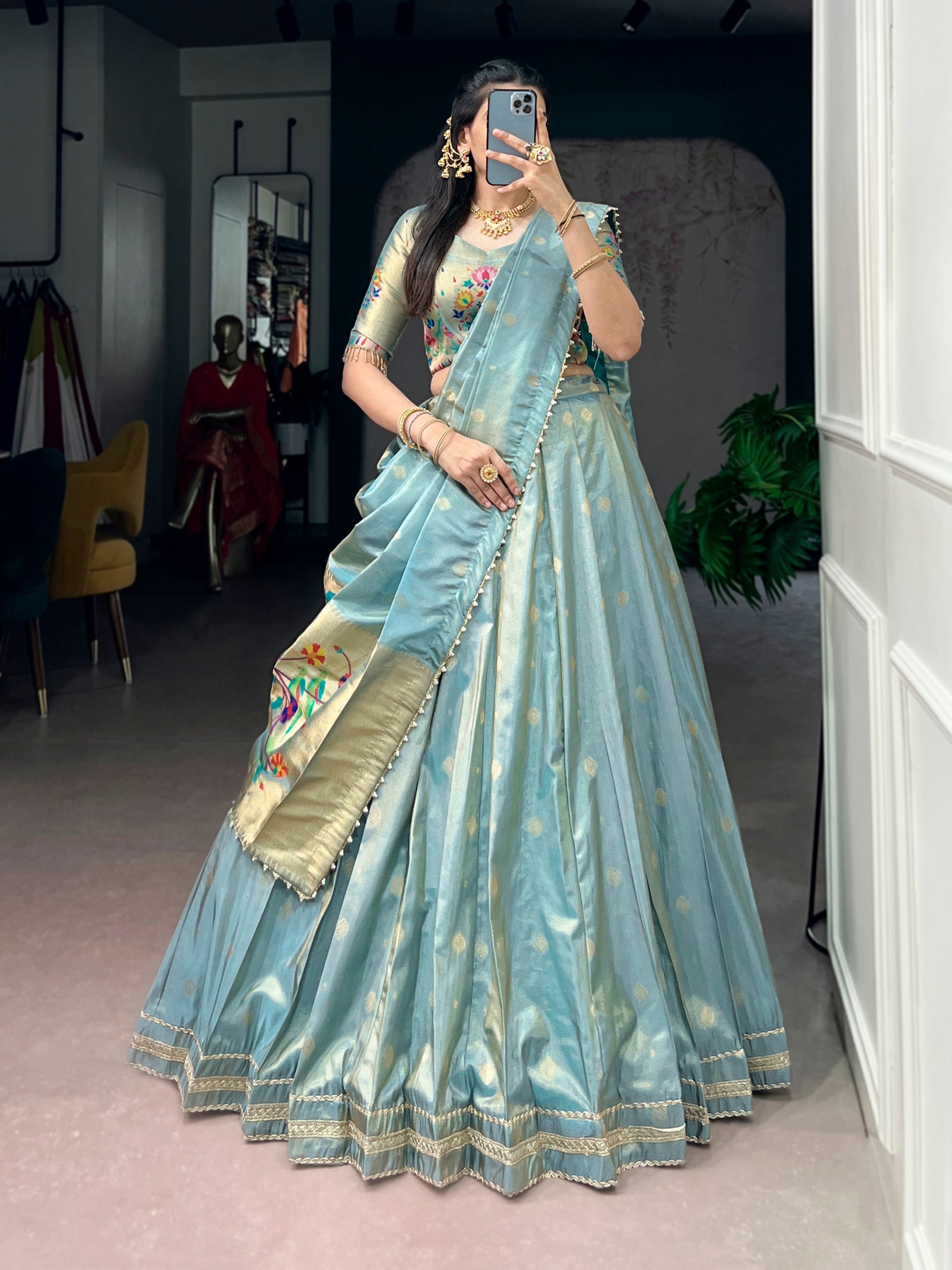 Womenline Pleated Powder Blue Silk Lehenga with Paithani-Inspired Border