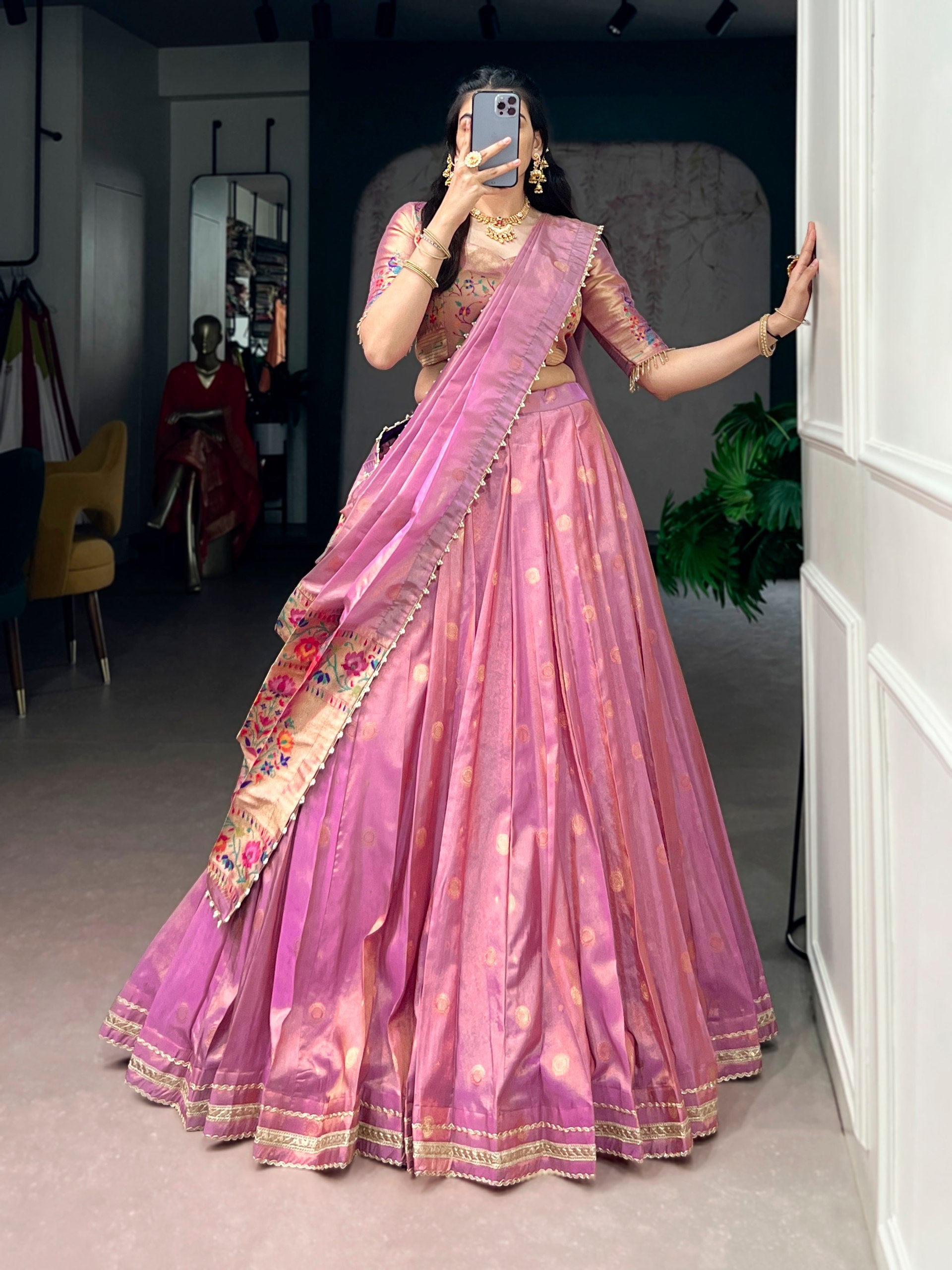 Womenline Pleated Metallic Mauve Silk Lehenga with Paithani-Inspired Border