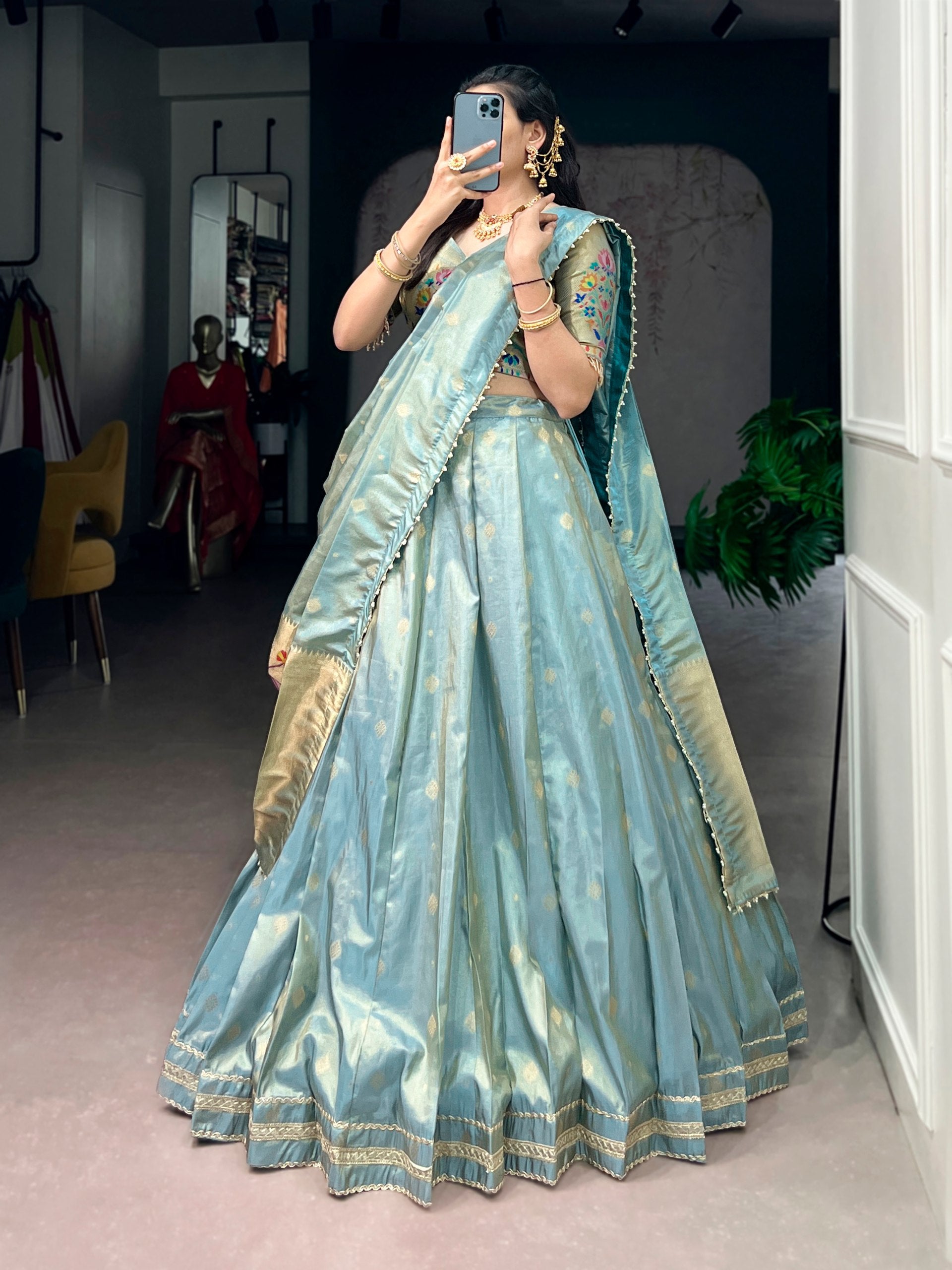 Womenline Pleated Powder Blue Silk Lehenga with Paithani-Inspired Border
