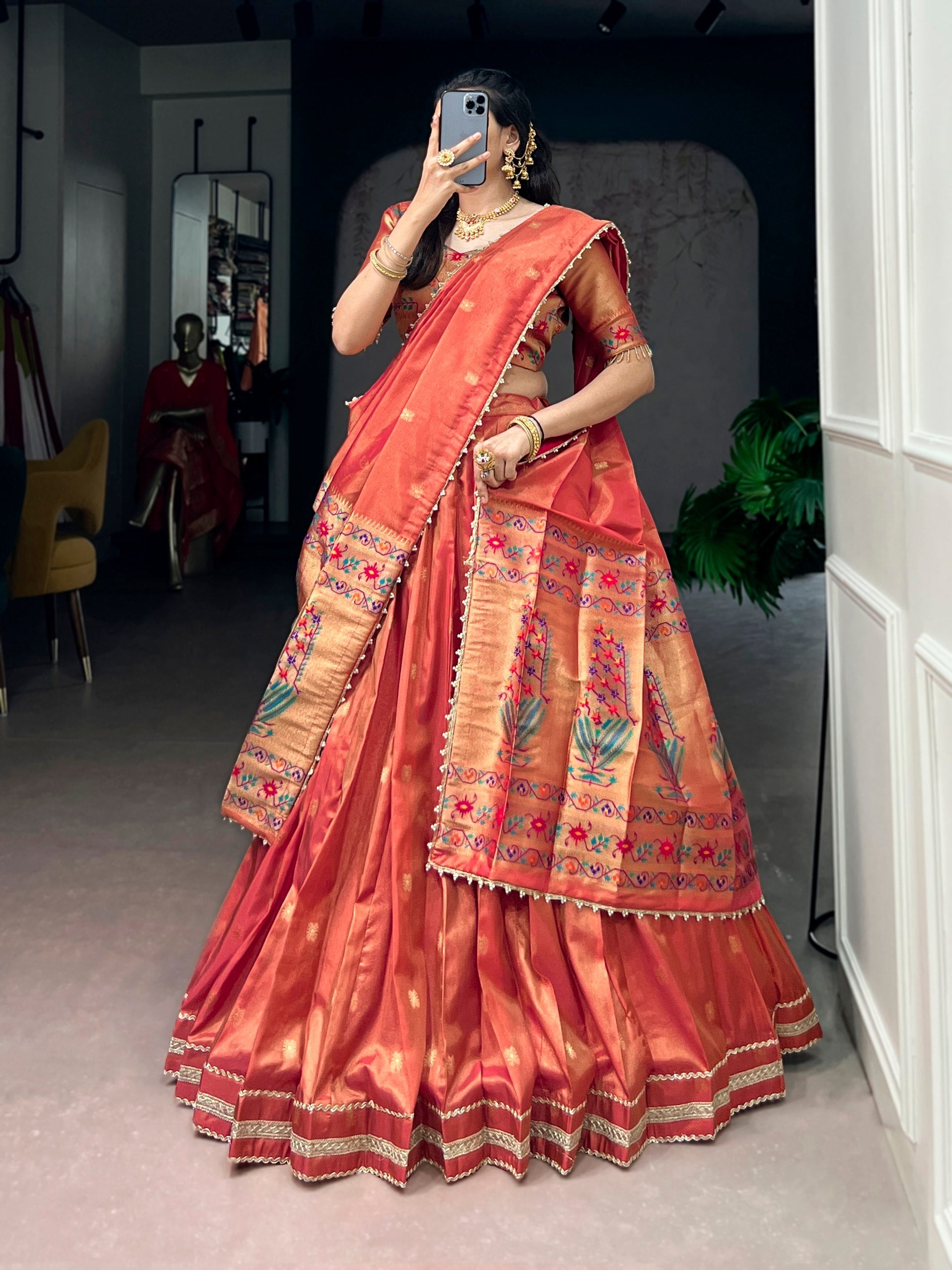 Womenline Pleated Rust-Orange Silk Lehenga with Paithani-Inspired Border