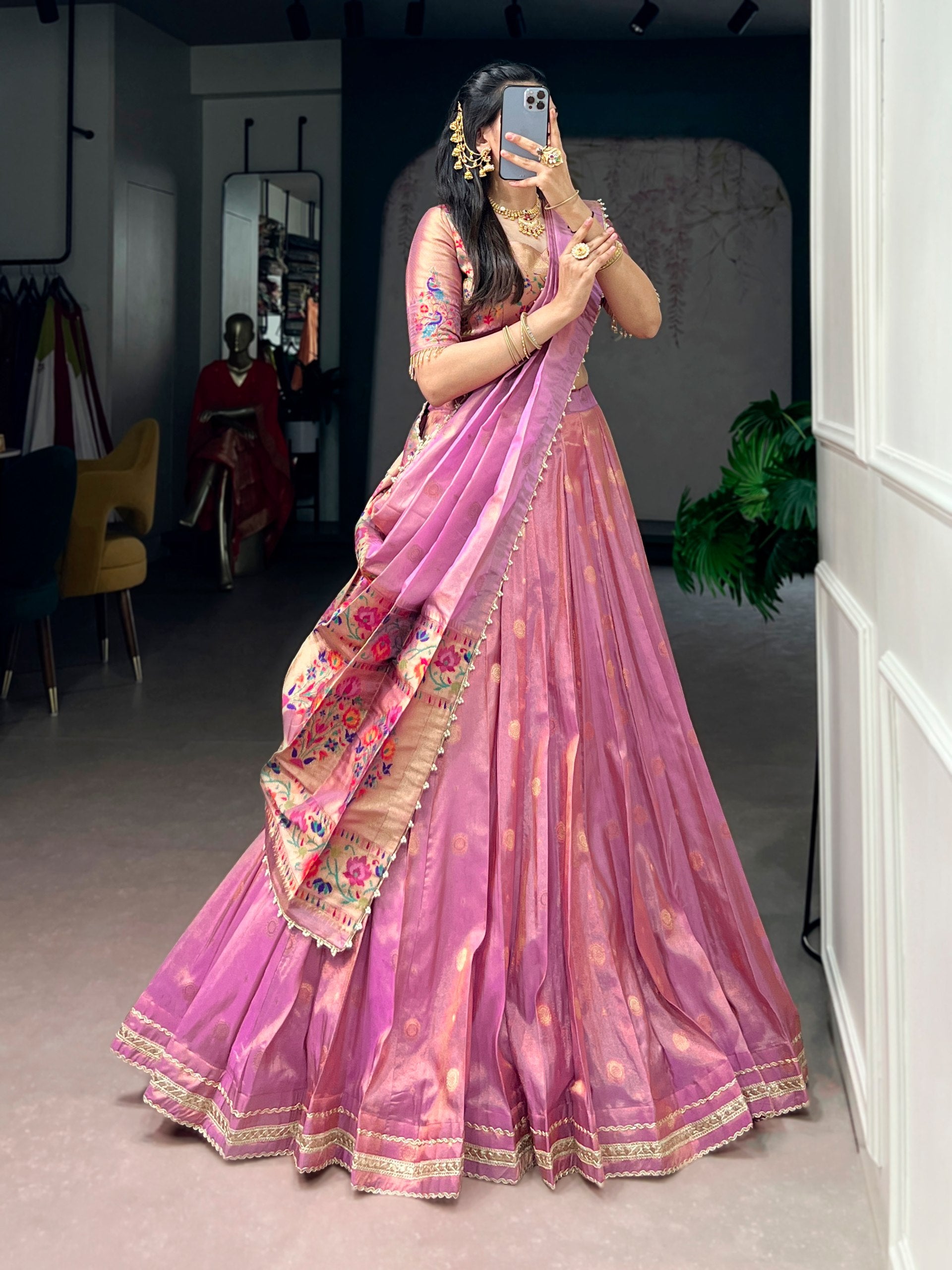 Womenline Pleated Metallic Mauve Silk Lehenga with Paithani-Inspired Border
