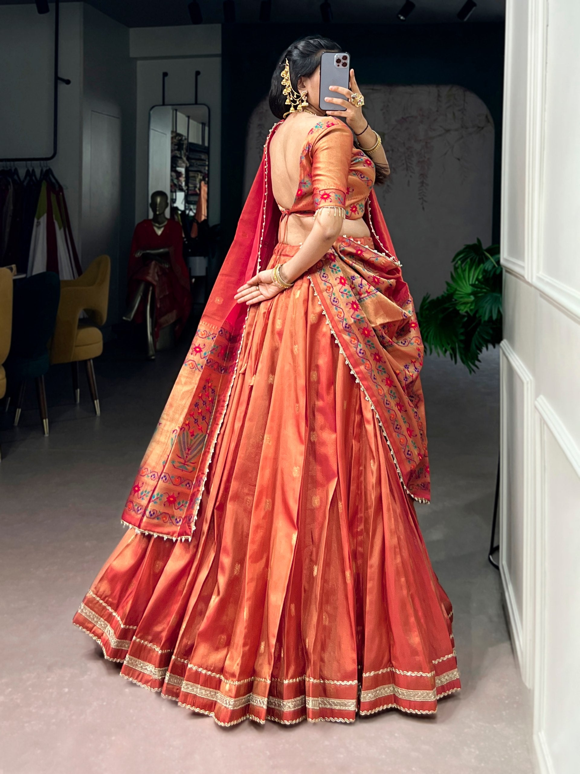 Womenline Pleated Rust-Orange Silk Lehenga with Paithani-Inspired Border