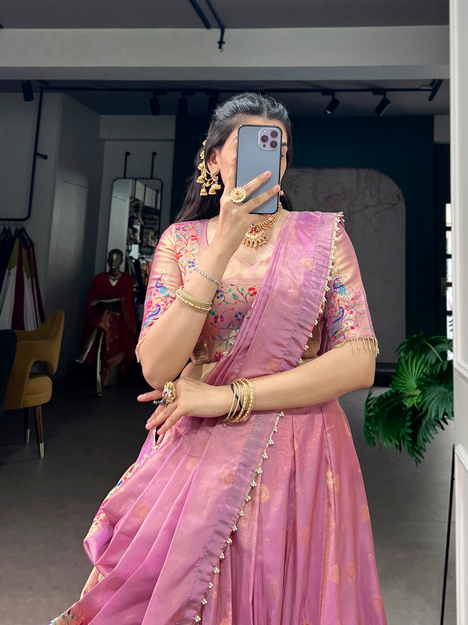Womenline Pleated Metallic Mauve Silk Lehenga with Paithani-Inspired Border