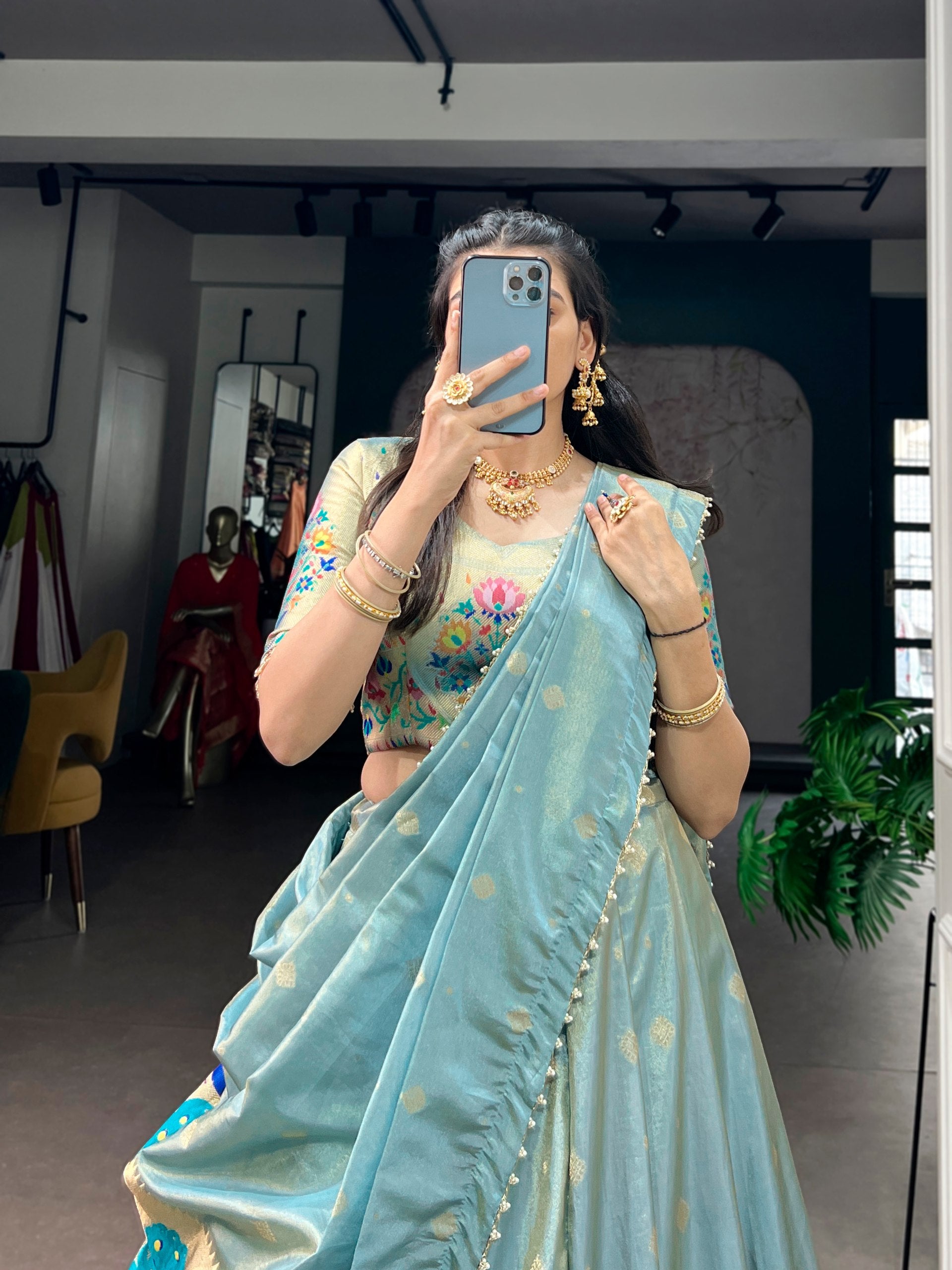 Womenline Pleated Powder Blue Silk Lehenga with Paithani-Inspired Border