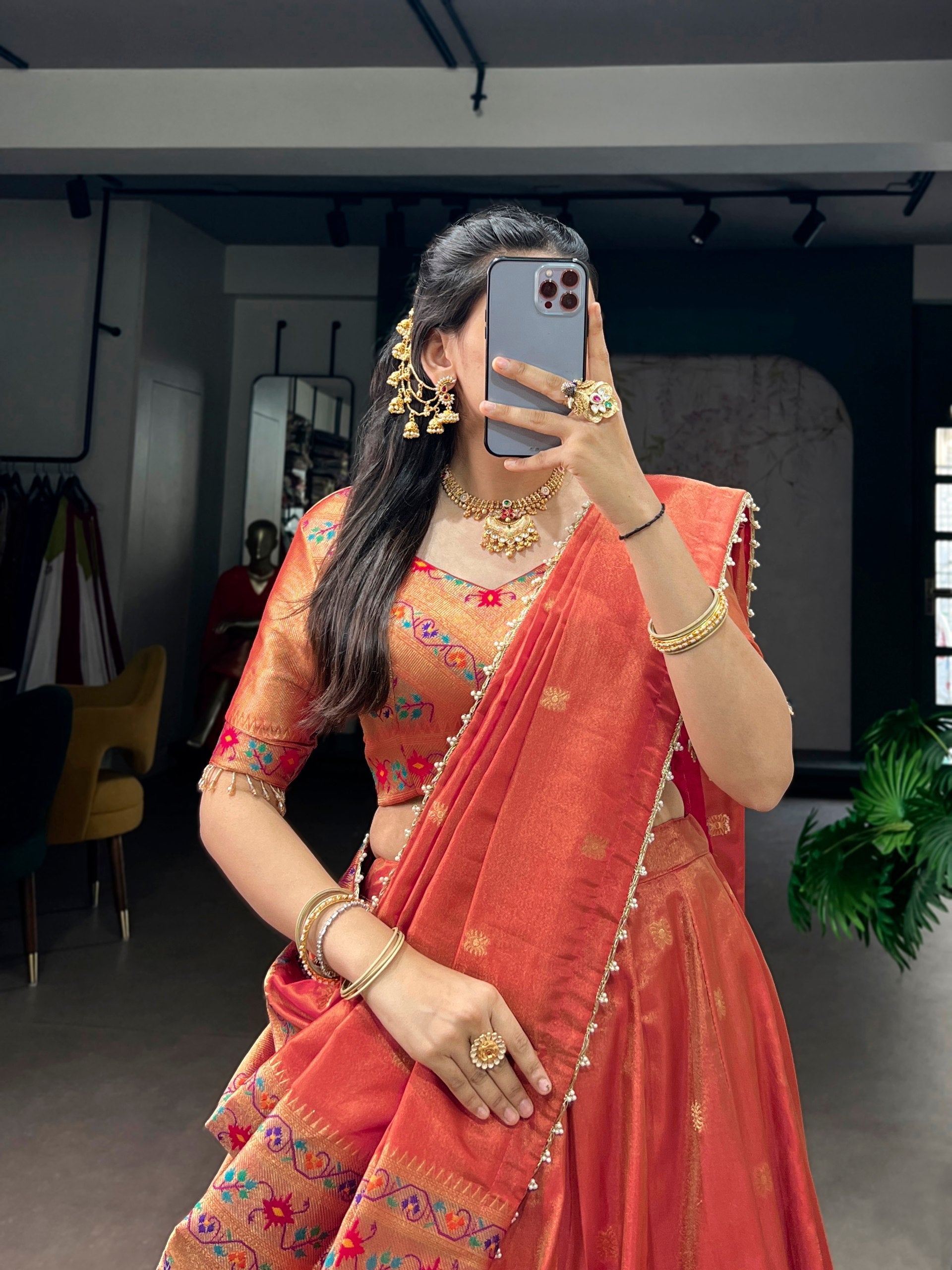 Womenline Pleated Rust-Orange Silk Lehenga with Paithani-Inspired Border