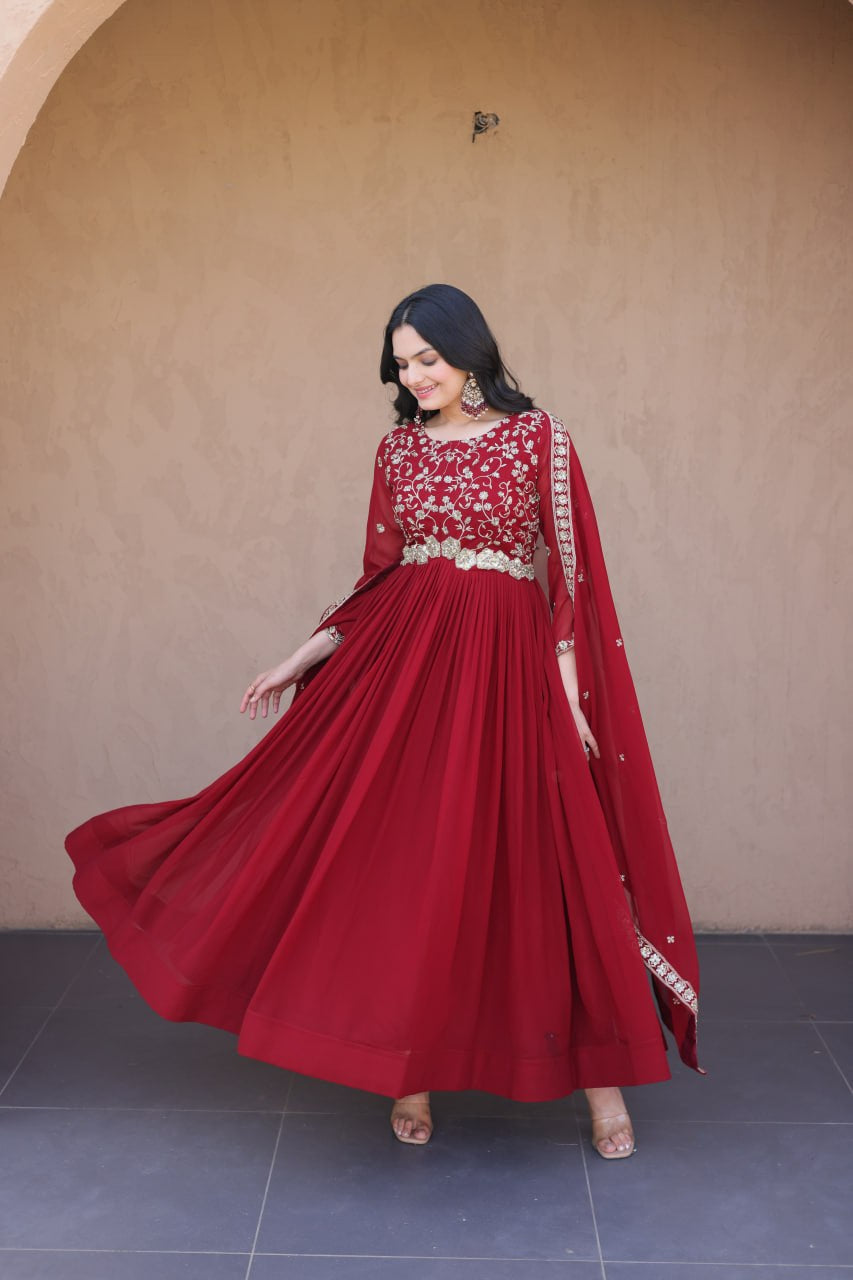Womenline Ruby Red Embroidered Designer Gown Set with Dupatta