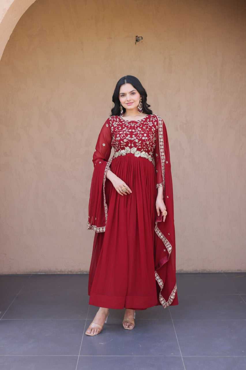 Womenline Ruby Red Embroidered Designer Gown Set with Dupatta