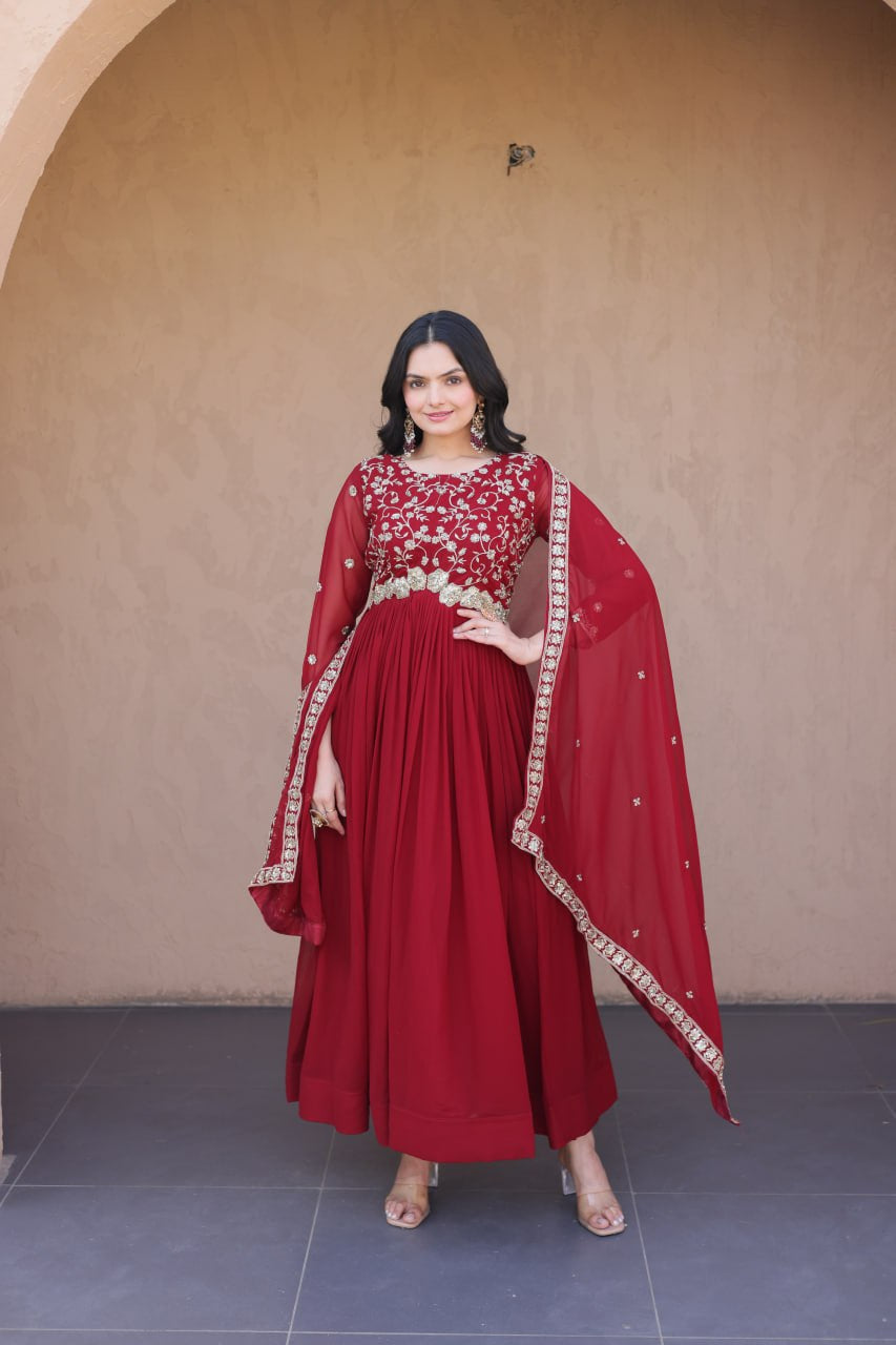 Womenline Ruby Red Embroidered Designer Gown Set with Dupatta