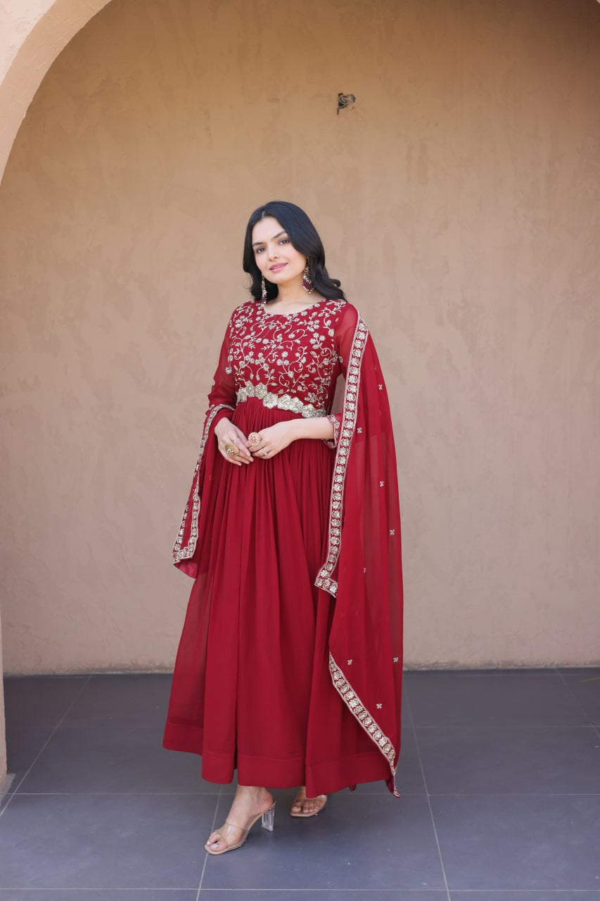 Womenline Ruby Red Embroidered Designer Gown Set with Dupatta