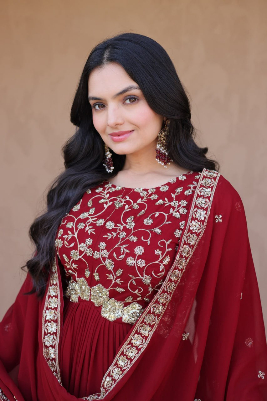Womenline Ruby Red Embroidered Designer Gown Set with Dupatta