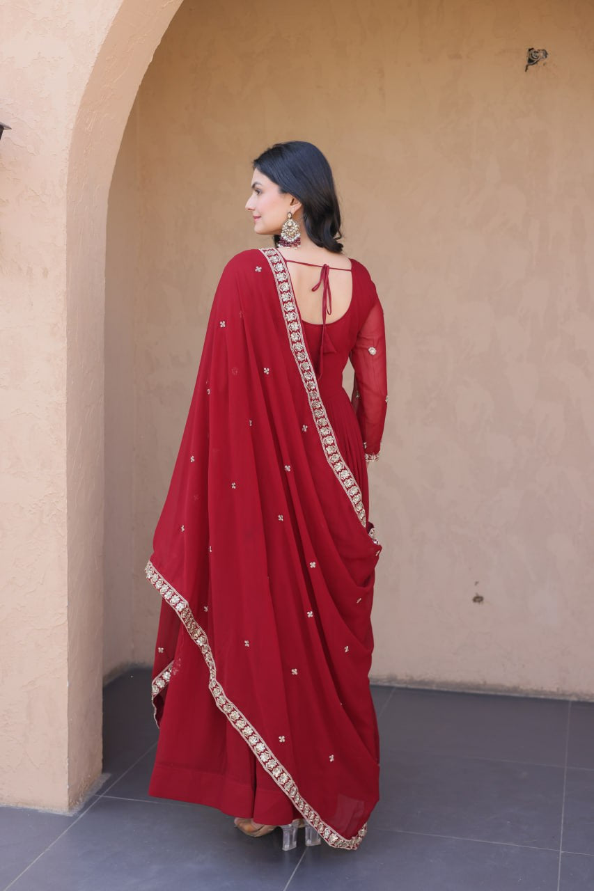 Womenline Ruby Red Embroidered Designer Gown Set with Dupatta