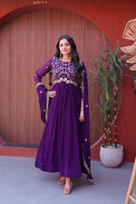 Womenline Royal Purple Embroidered Designer Gown Set with Dupatta