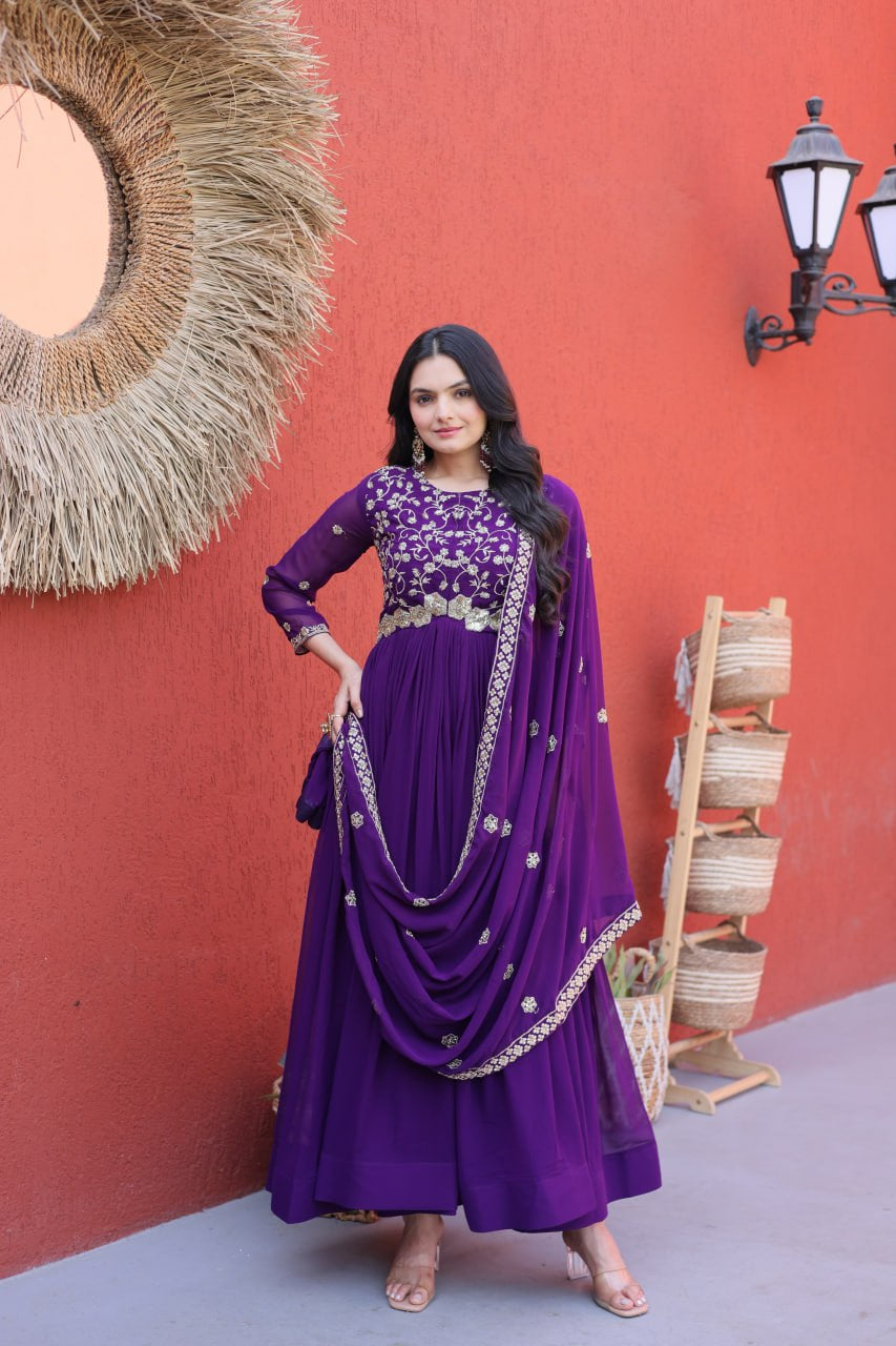 Womenline Royal Purple Embroidered Designer Gown Set with Dupatta