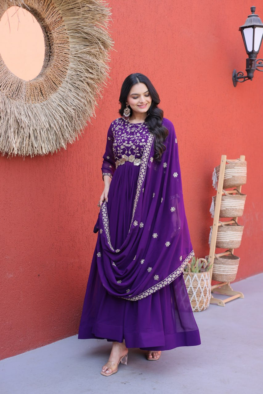 Womenline Royal Purple Embroidered Designer Gown Set with Dupatta