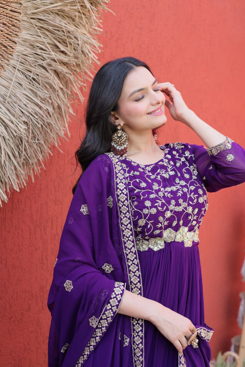 Womenline Royal Purple Embroidered Designer Gown Set with Dupatta