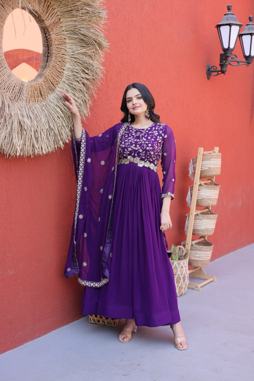 Womenline Royal Purple Embroidered Designer Gown Set with Dupatta