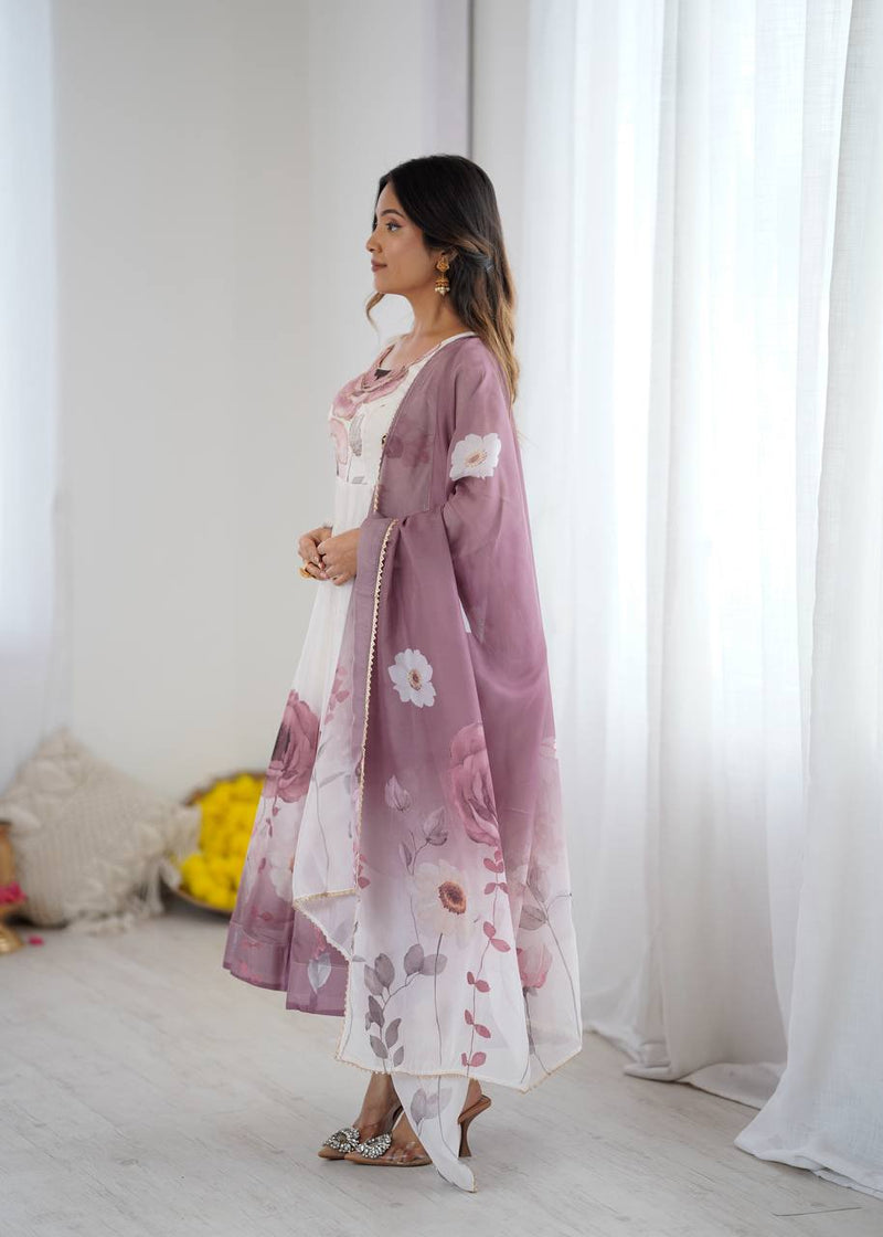 Womenline Onion Pink Color Floral Pure Soft Tebby Organza Three Piece Anarkali Suit