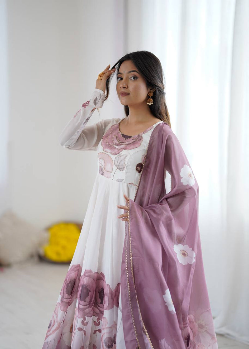 Womenline Onion Pink Color Floral Pure Soft Tebby Organza Three Piece Anarkali Suit