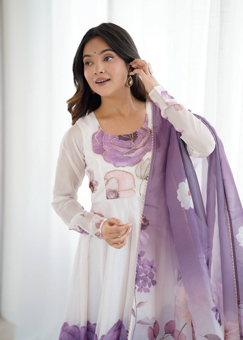 Womenline Violet Color Floral Pure Soft Tebby Organza Three Piece Anarkali Suit