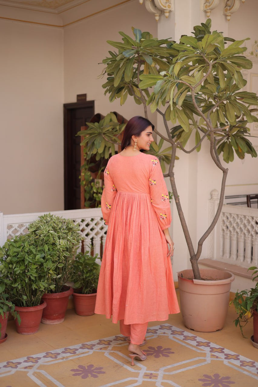 Womenline Peach Color Embroidered Flared Kurta Set