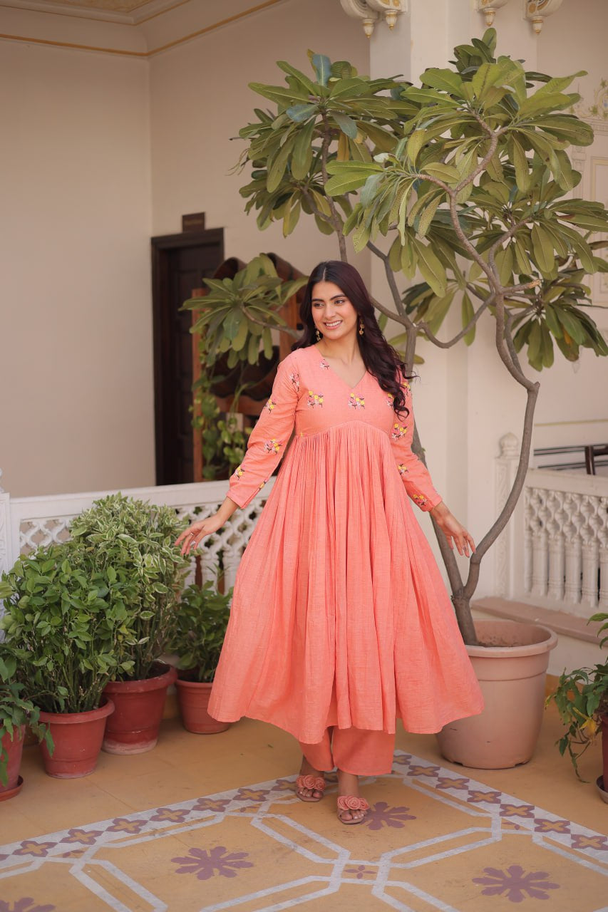 Womenline Peach Color Embroidered Flared Kurta Set