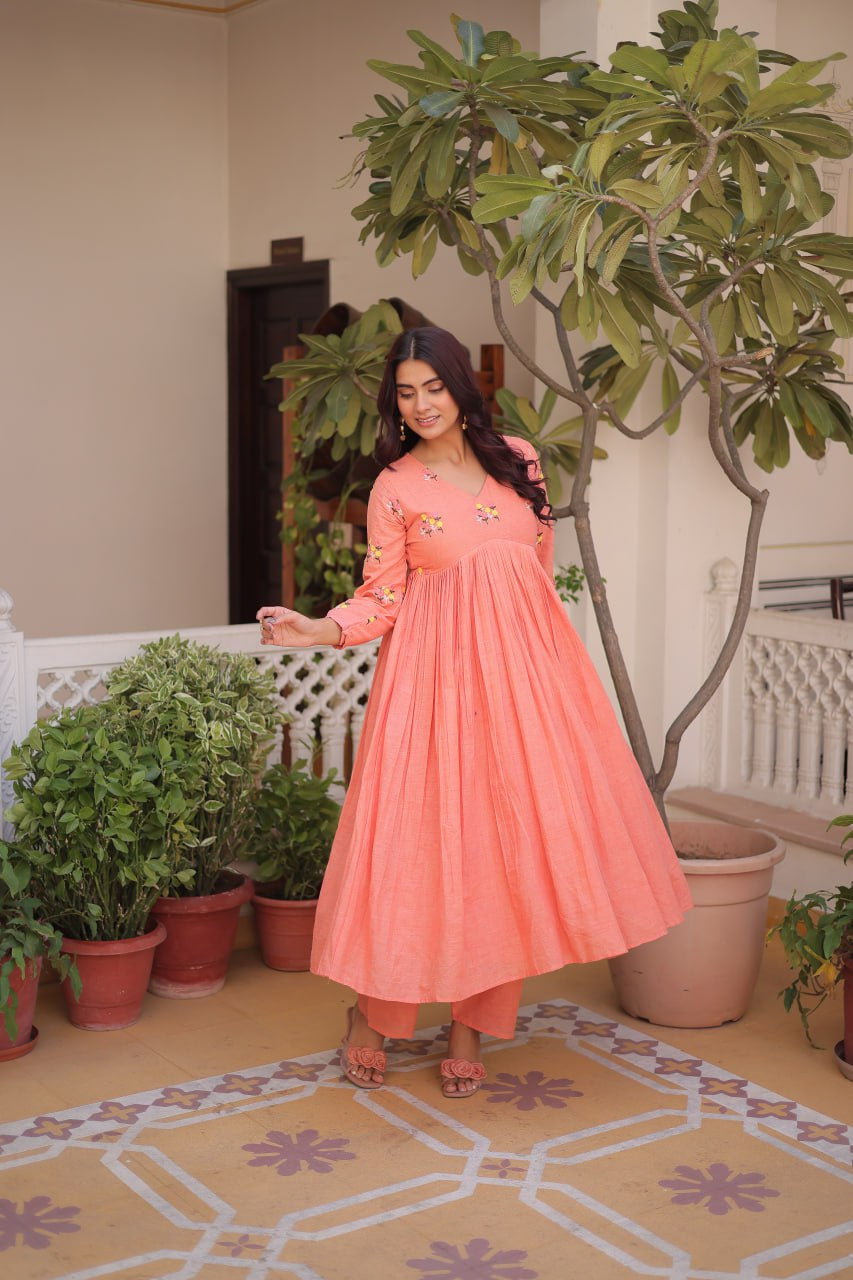 Womenline Peach Color Embroidered Flared Kurta Set