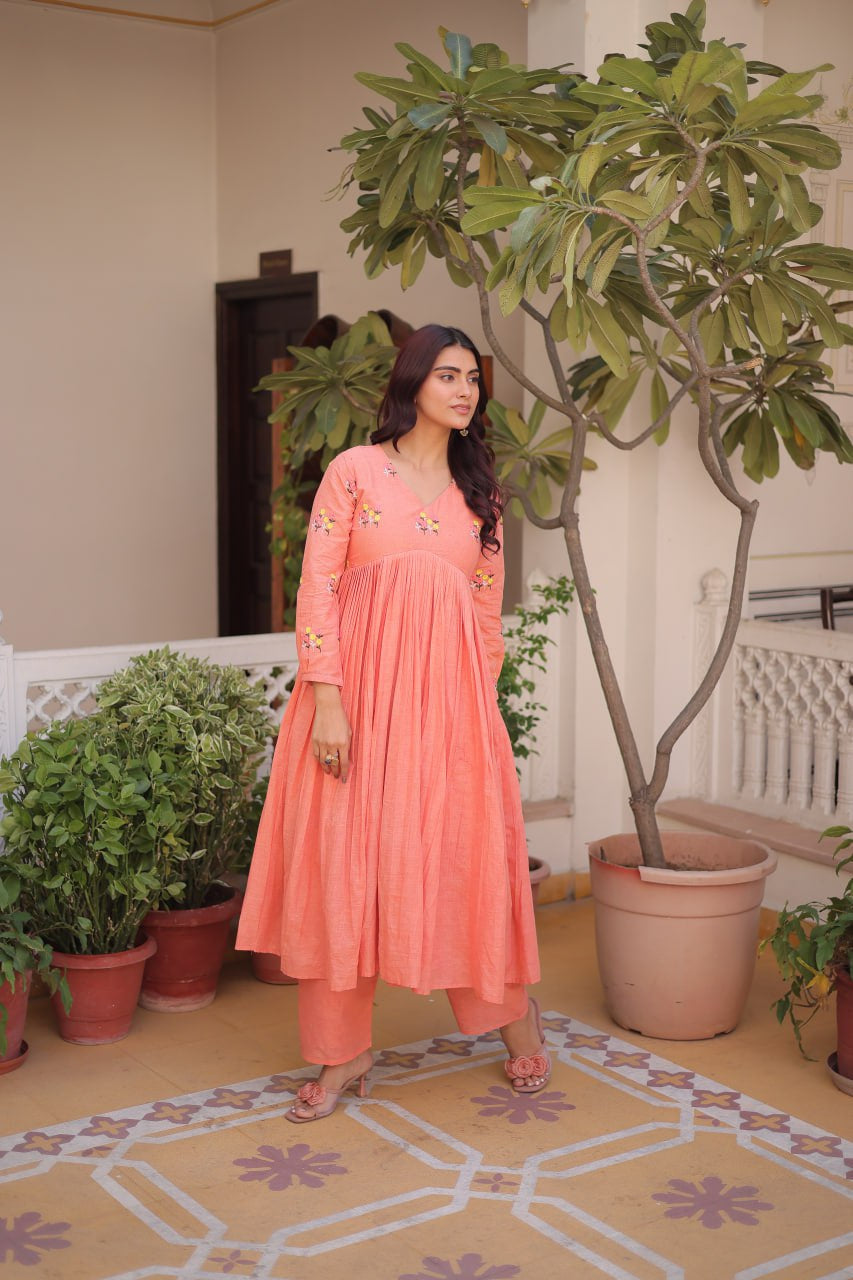 Womenline Peach Color Embroidered Flared Kurta Set