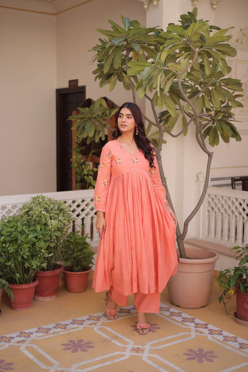 Womenline Peach Color Embroidered Flared Kurta Set