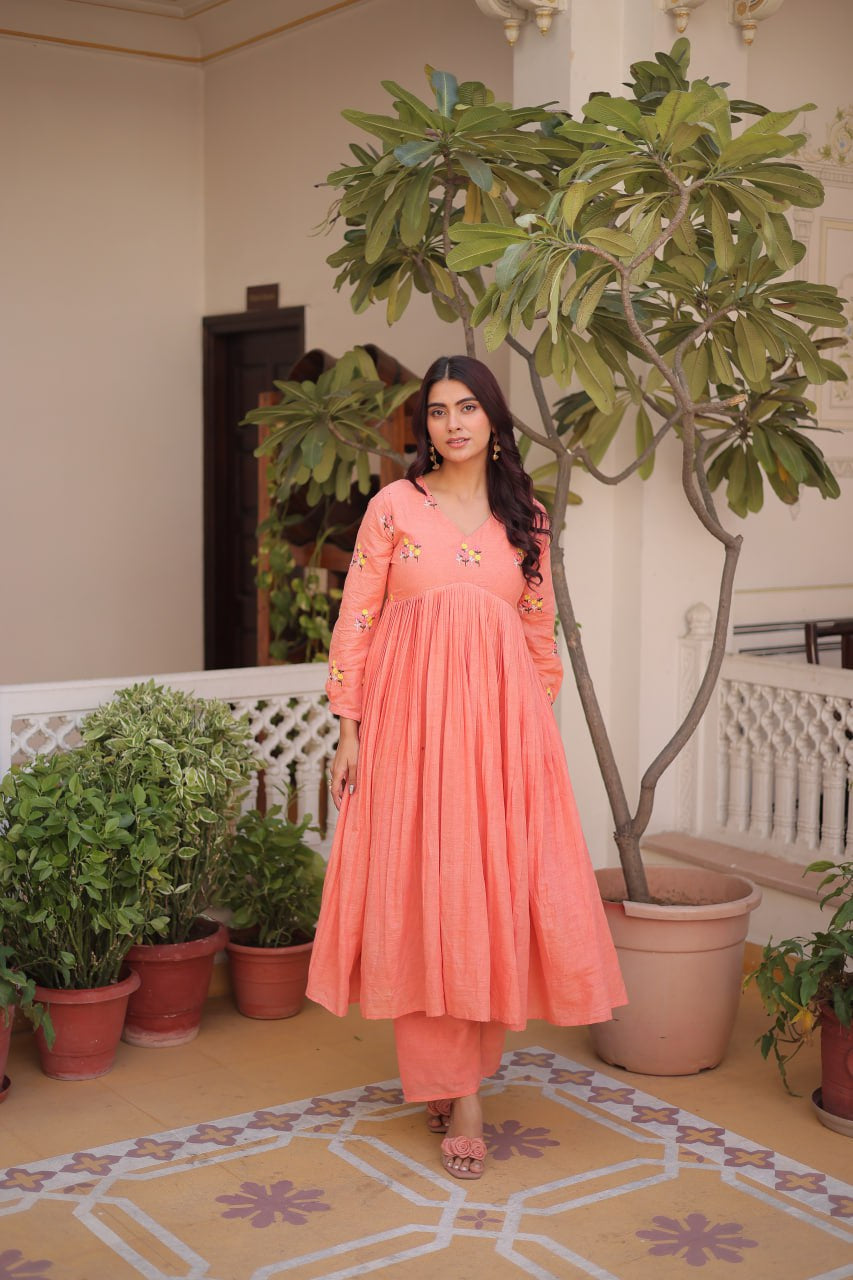 Womenline Peach Color Embroidered Flared Kurta Set