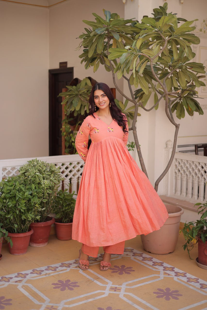 Womenline Peach Color Embroidered Flared Kurta Set