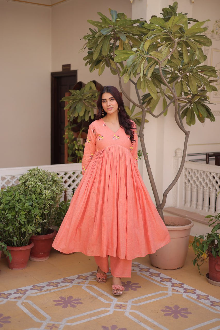Womenline Peach Color Embroidered Flared Kurta Set