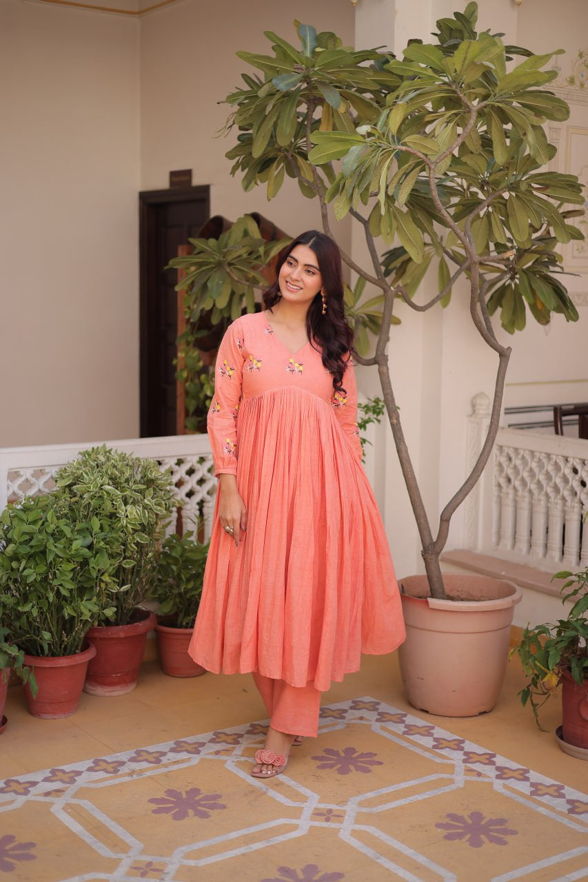Womenline Peach Color Embroidered Flared Kurta Set