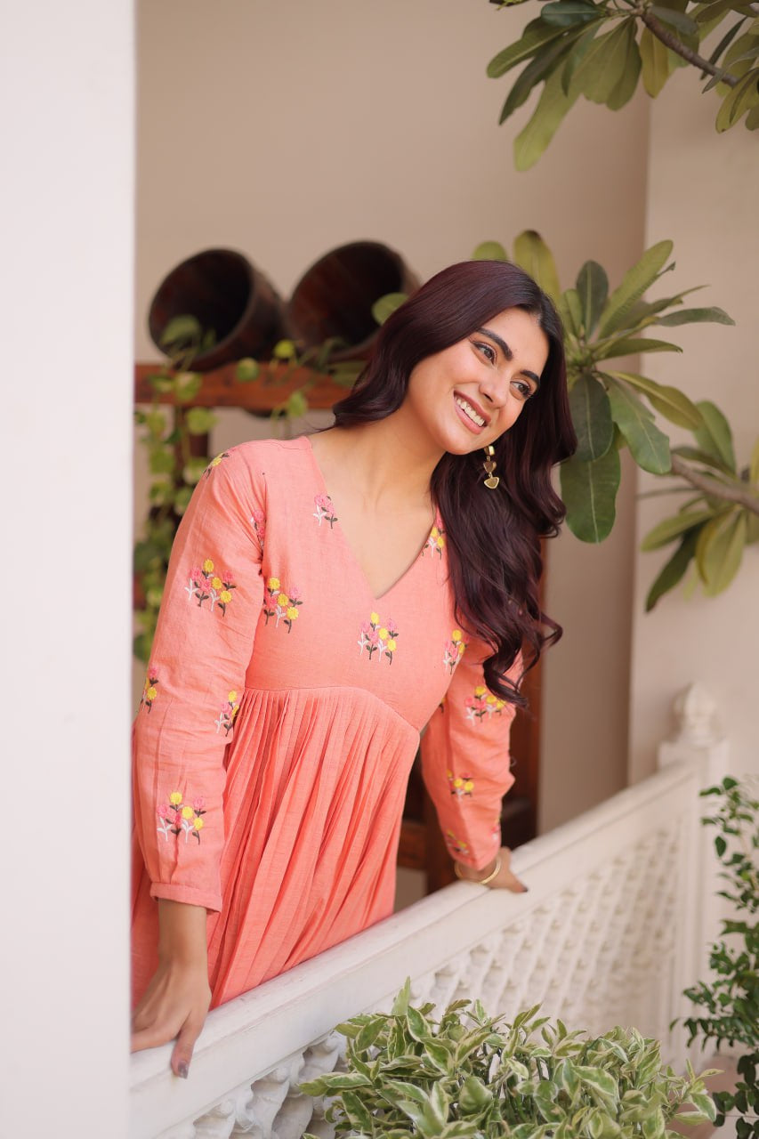 Womenline Peach Color Embroidered Flared Kurta Set