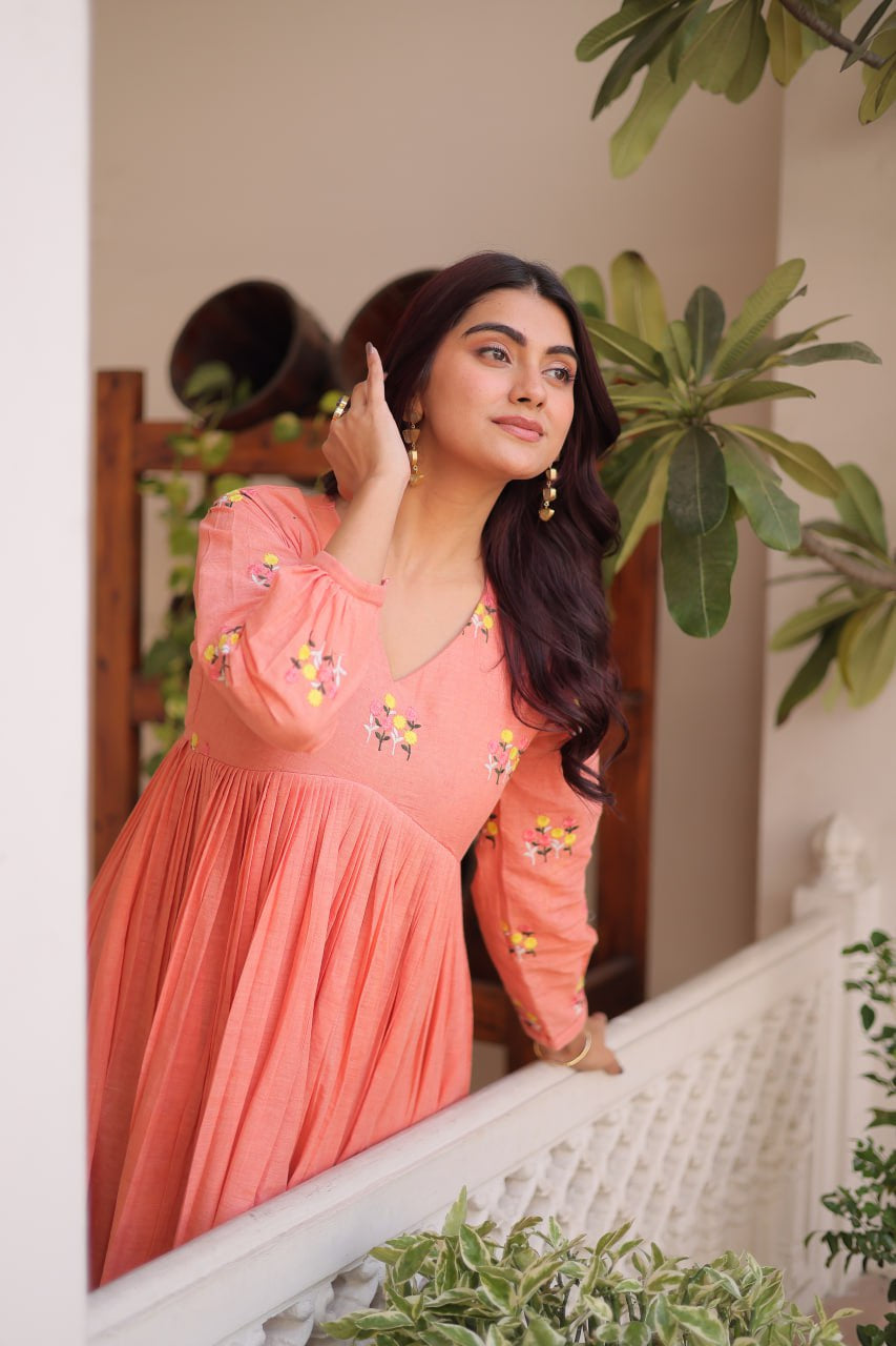 Womenline Peach Color Embroidered Flared Kurta Set