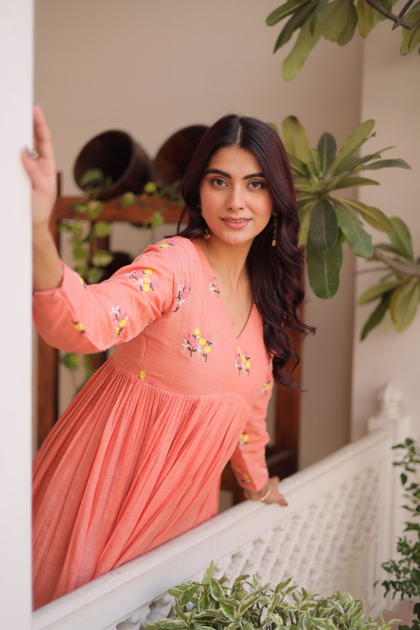 Womenline Peach Color Embroidered Flared Kurta Set