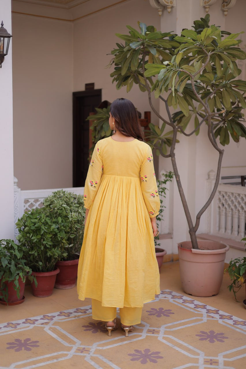 Womenline Yellow Color Embroidered Flared Kurta Set