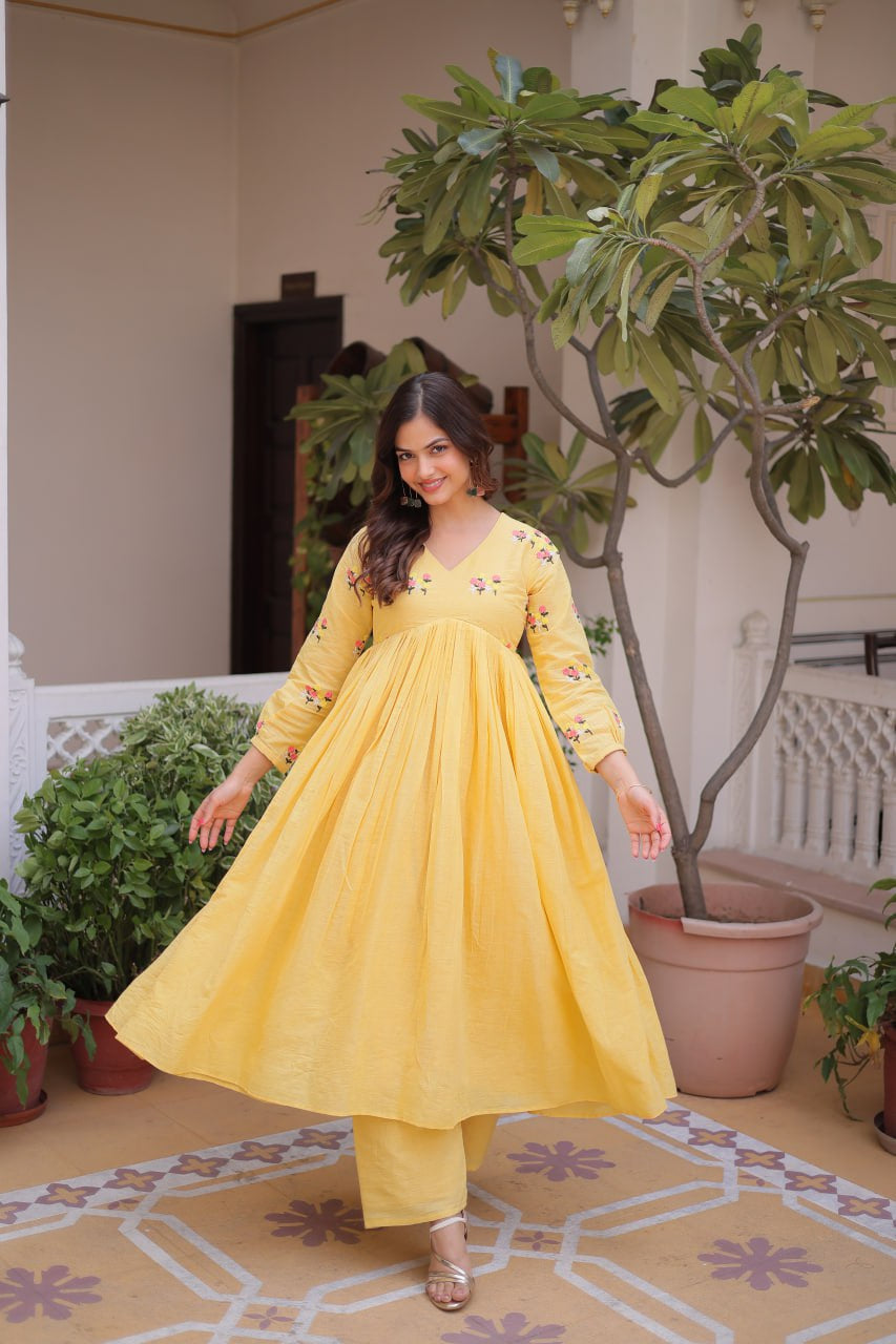 Womenline Yellow Color Embroidered Flared Kurta Set