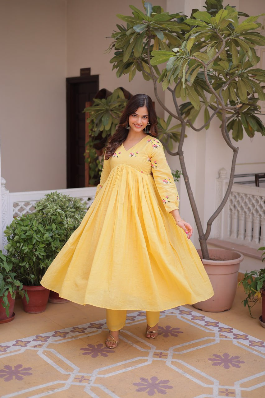 Womenline Yellow Color Embroidered Flared Kurta Set