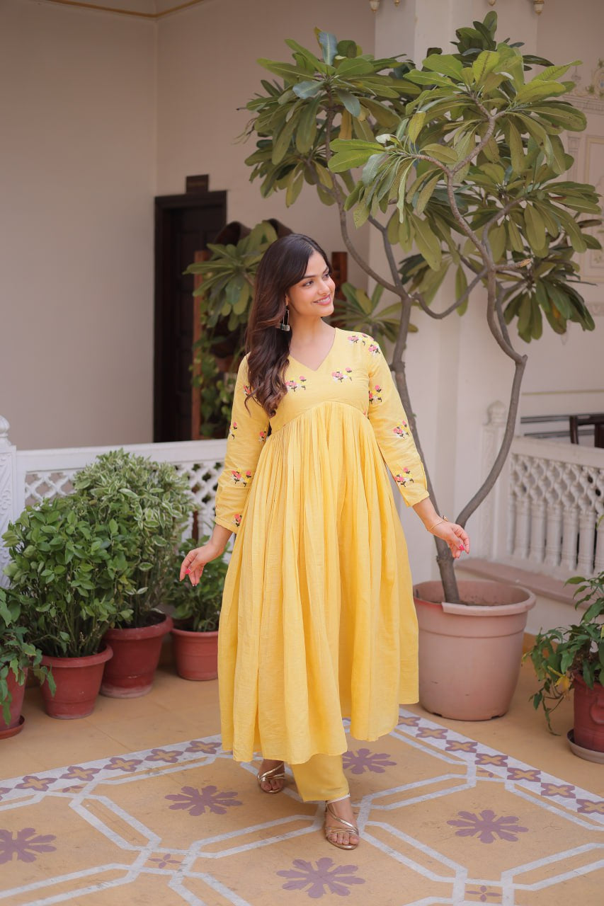 Womenline Yellow Color Embroidered Flared Kurta Set