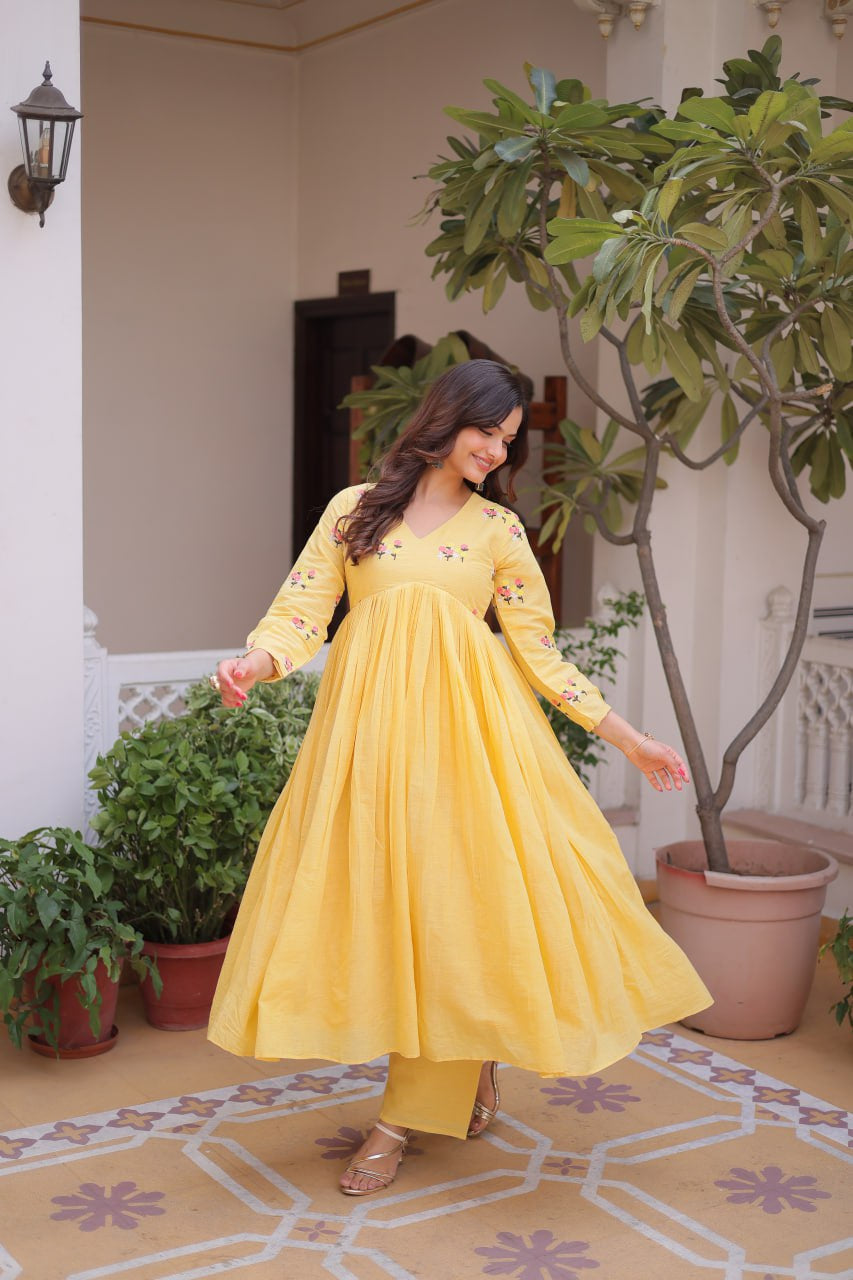 Womenline Yellow Color Embroidered Flared Kurta Set