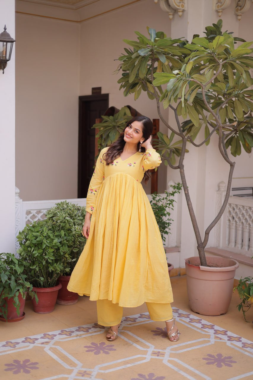 Womenline Yellow Color Embroidered Flared Kurta Set