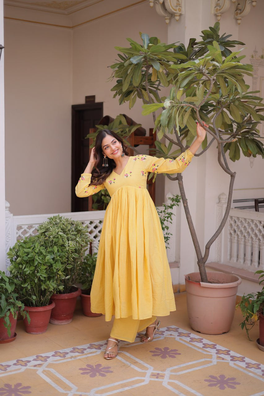 Womenline Yellow Color Embroidered Flared Kurta Set