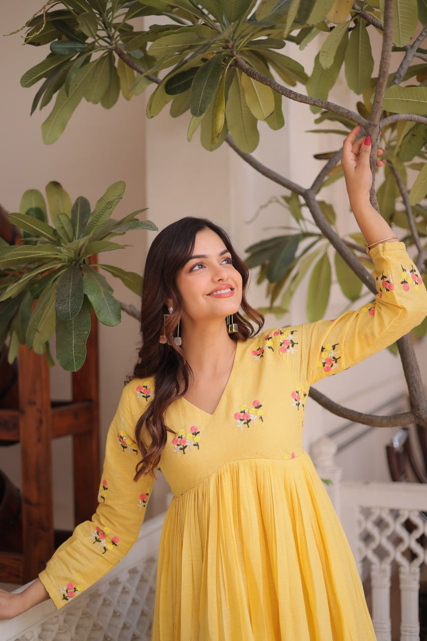 Womenline Yellow Color Embroidered Flared Kurta Set