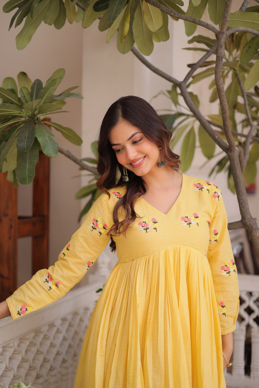 Womenline Yellow Color Embroidered Flared Kurta Set