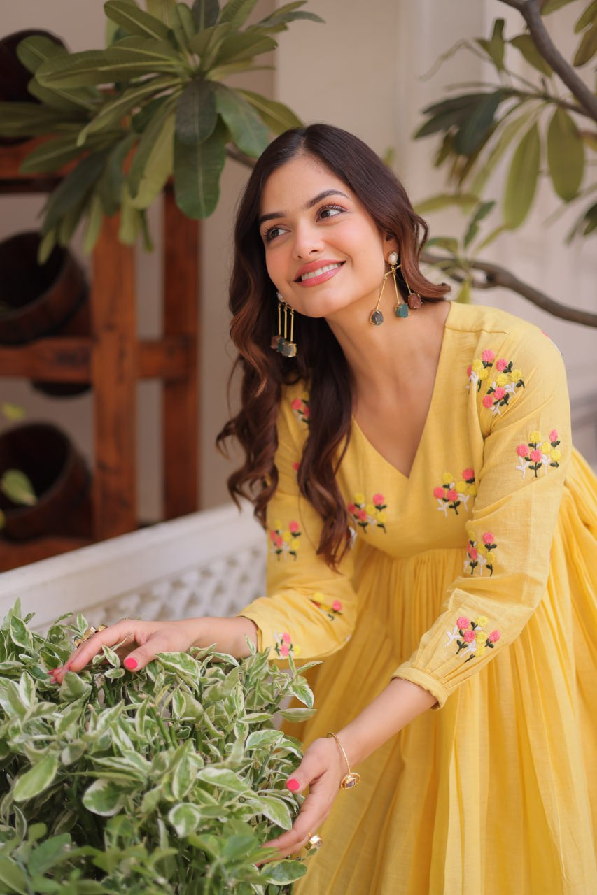 Womenline Yellow Color Embroidered Flared Kurta Set